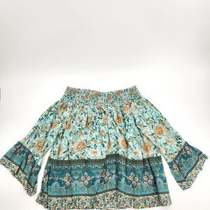 Off The Shoulder Bell Sleeve Blouse Top Women Size 2XL Floral Print Boho Summer